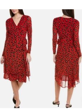 CAbi Siren Red Leopard Wrap Dress with Long Sleeves, sz medium, EUC